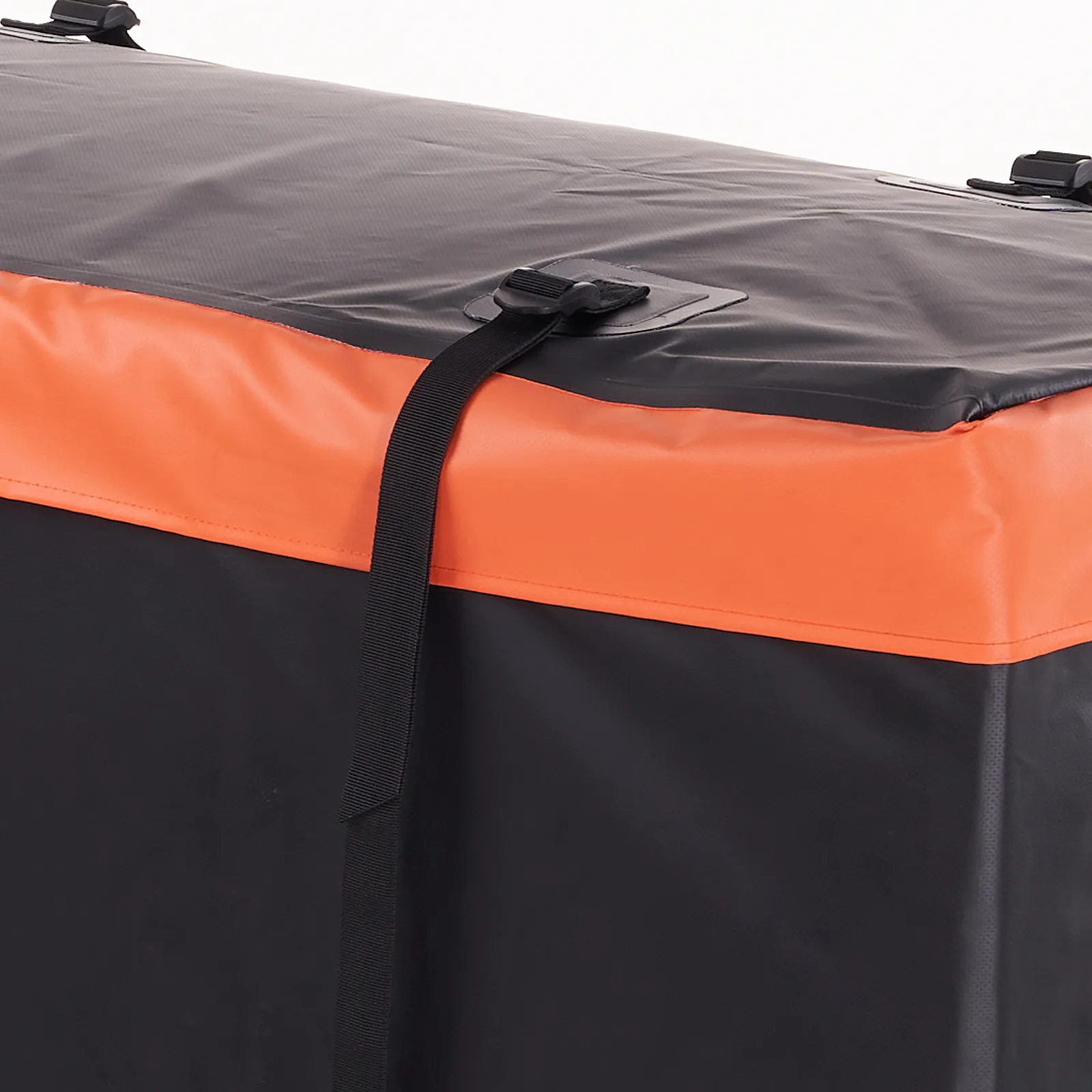 Portaequipaje de enganche VEVOR negro y naranja con correa de seguridad en la esquina superior.