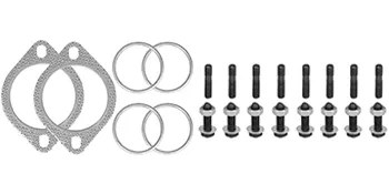 VEVOR-Auspuffkrümmerkomponenten einschließlich Dichtungen, Schrauben und Ringen in einer Reihe angeordnet.