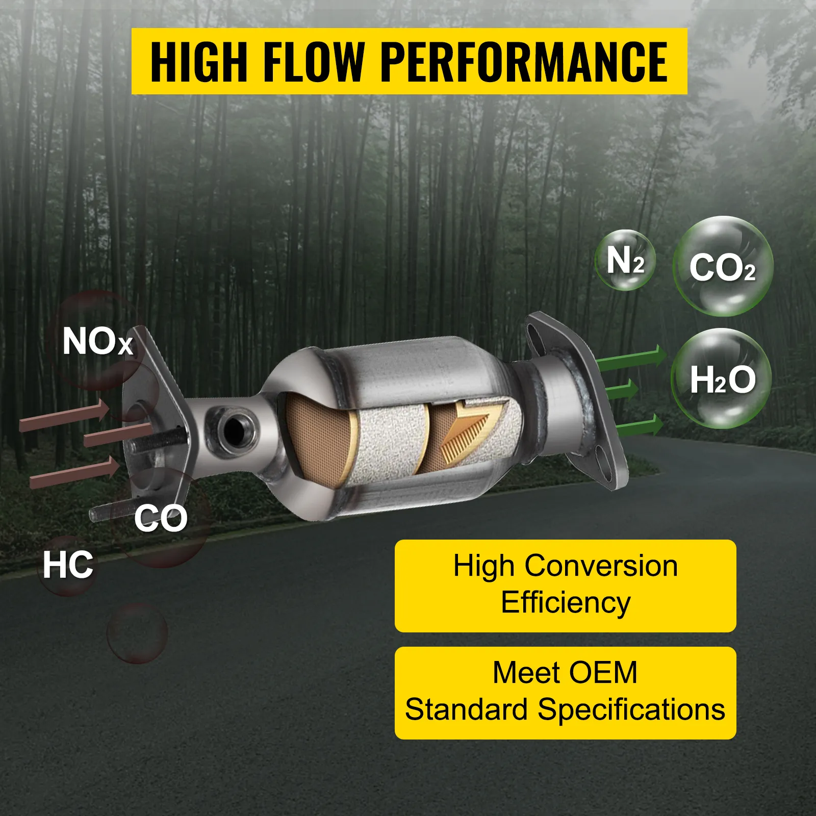 VEVOR-Auspuffkrümmer zeigt hohe Umwandlungseffizienz auf einer Forststraße.
