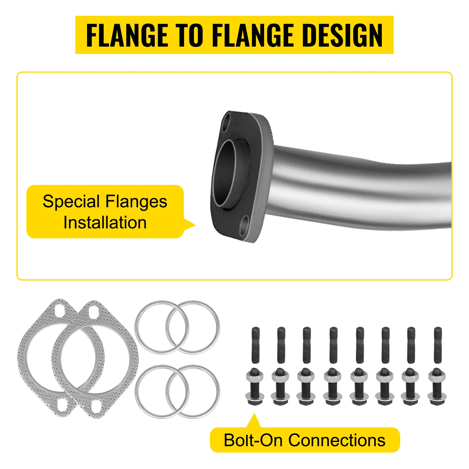VEVOR-Auspuffkrümmer mit Flansch-zu-Flansch-Design, Spezialflanschen und Schraubverbindungen.