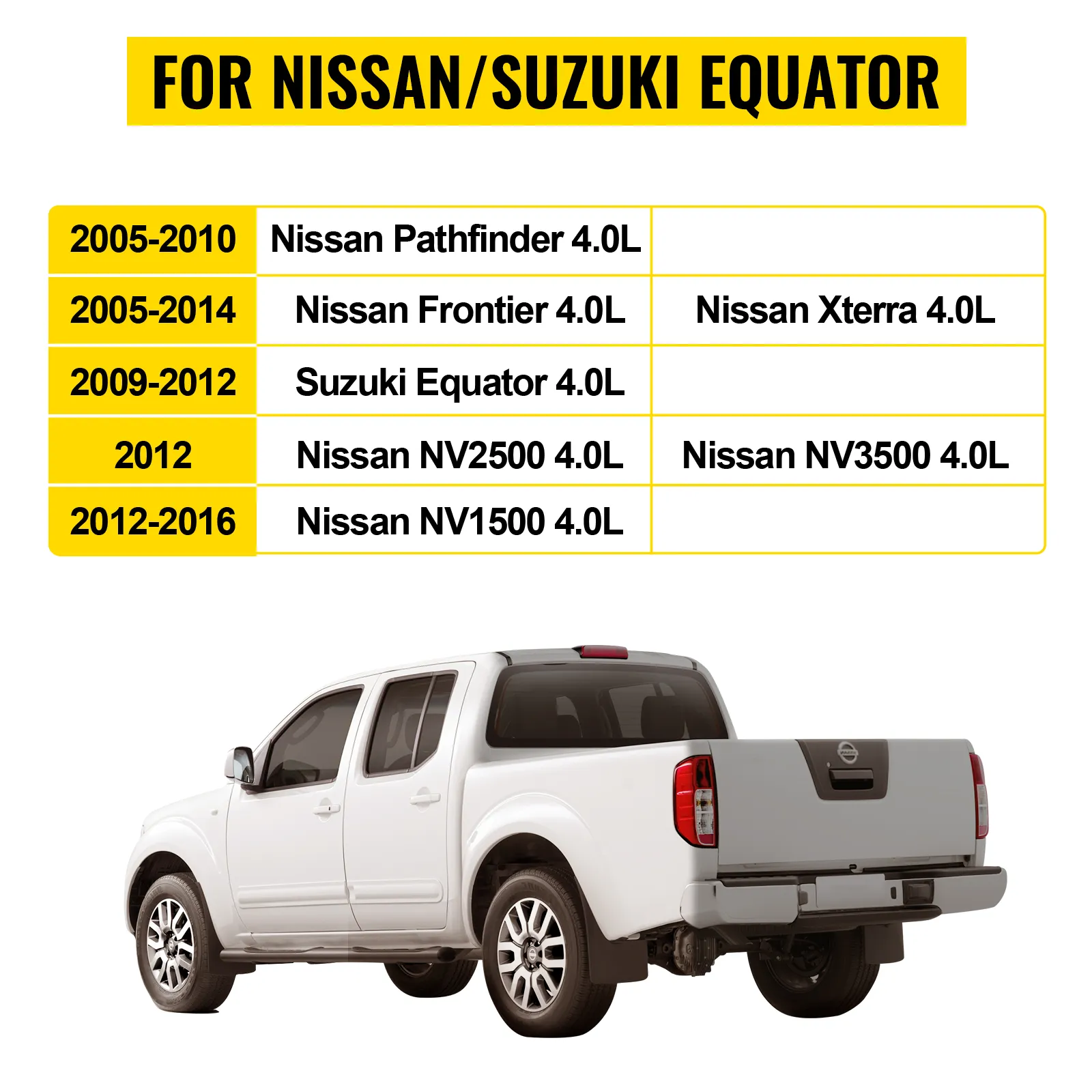 VEVOR-Kompatibilitätstabelle für Auspuffkrümmer für Nissan- und Suzuki-Equator-Modelle.