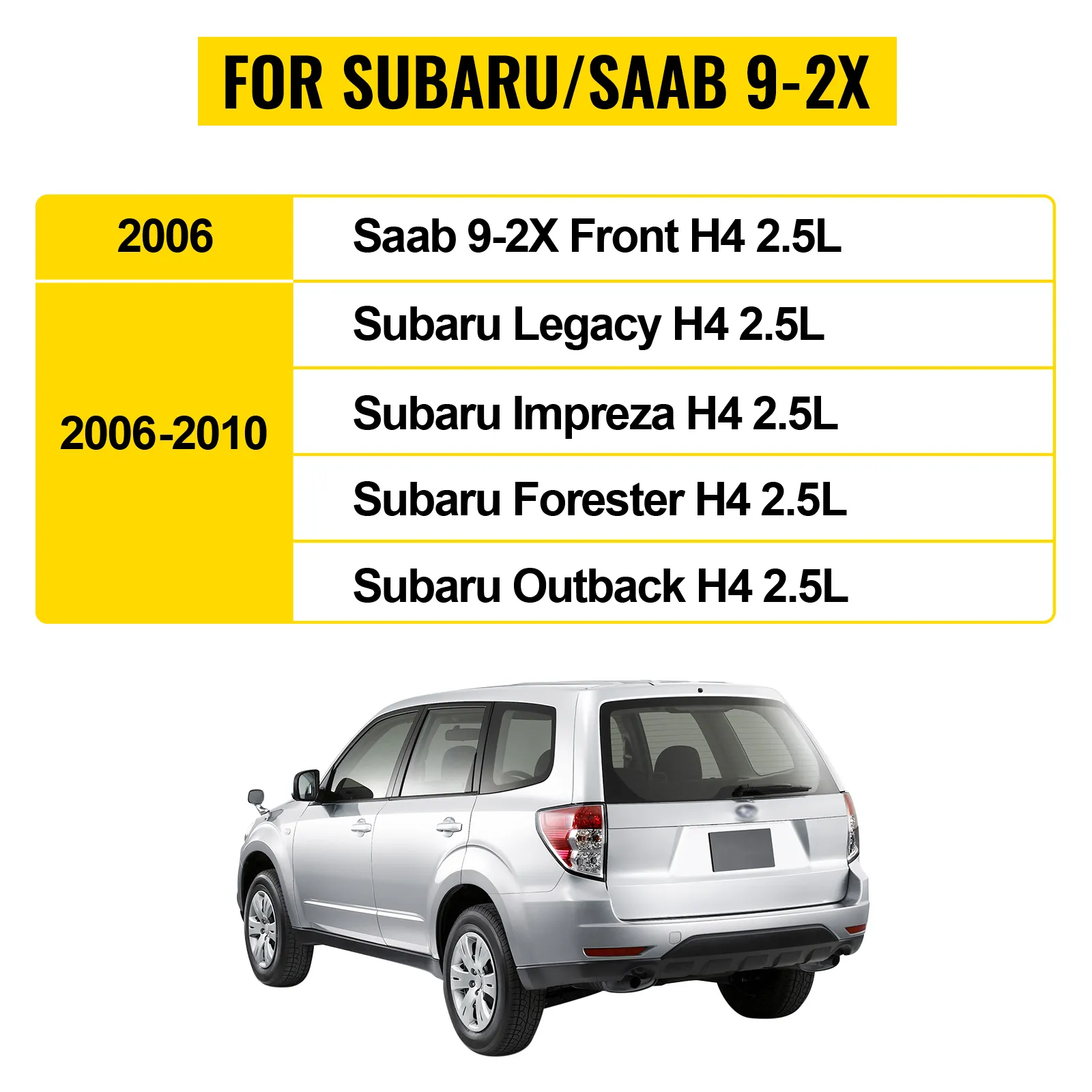 Liste kompatibler Fahrzeuge von Subaru und Saab mit VEVOR-Katalysatoroptionen.
