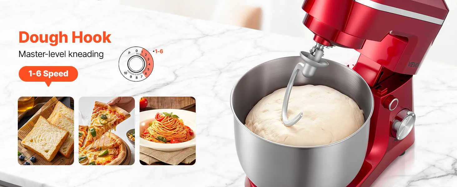 VEVOR Stand Mixer, 6 QT Electric Kitchen Mixer, 300W Dough-Mixer, 10 Speeds Tilt-head Food-Mixer with Stainless Steel Bowl, Dough Hook, Whisk, Beater, for Baking, Mixing, Whipping & Kneading, Red