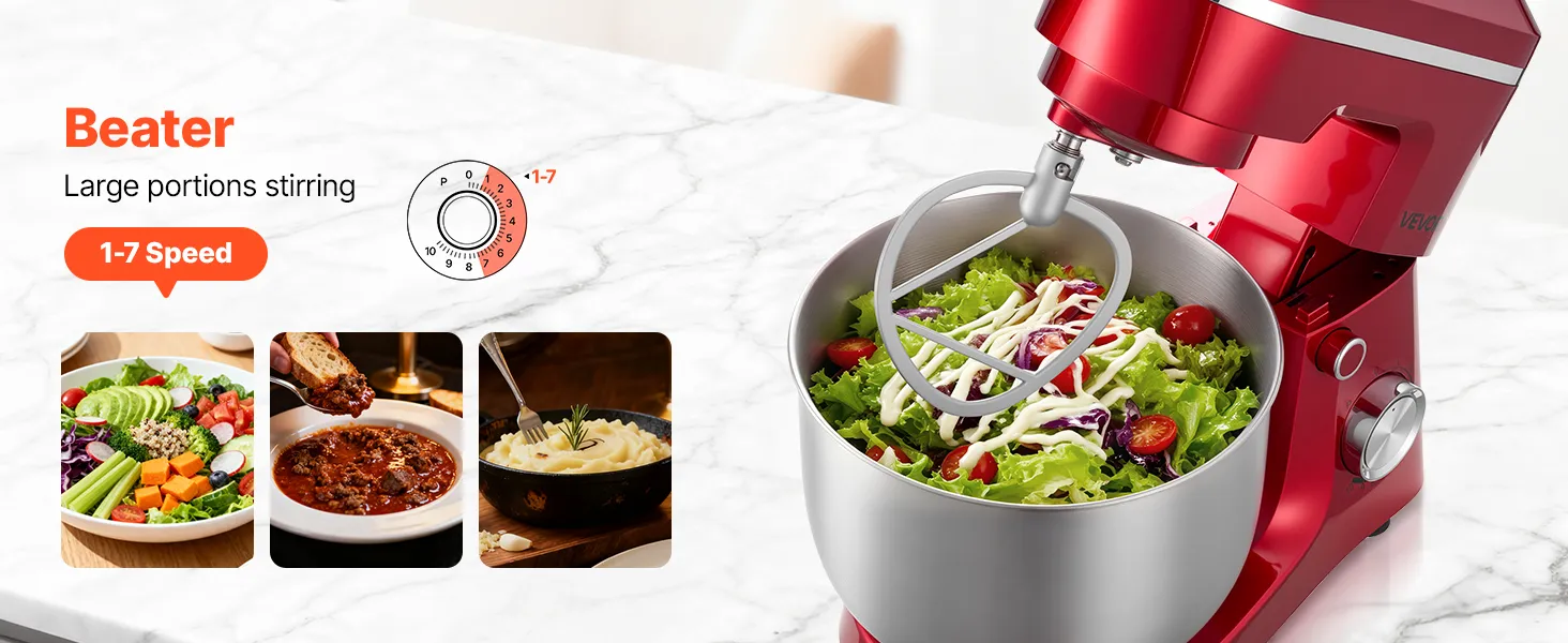 VEVOR Stand Mixer, 6 QT Electric Kitchen Mixer, 300W Dough-Mixer, 10 Speeds Tilt-head Food-Mixer with Stainless Steel Bowl, Dough Hook, Whisk, Beater, for Baking, Mixing, Whipping & Kneading, Red