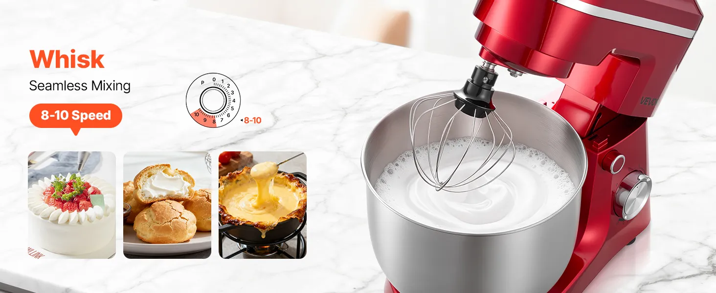 VEVOR Stand Mixer, 6 QT Electric Kitchen Mixer, 300W Dough-Mixer, 10 Speeds Tilt-head Food-Mixer with Stainless Steel Bowl, Dough Hook, Whisk, Beater, for Baking, Mixing, Whipping & Kneading, Red