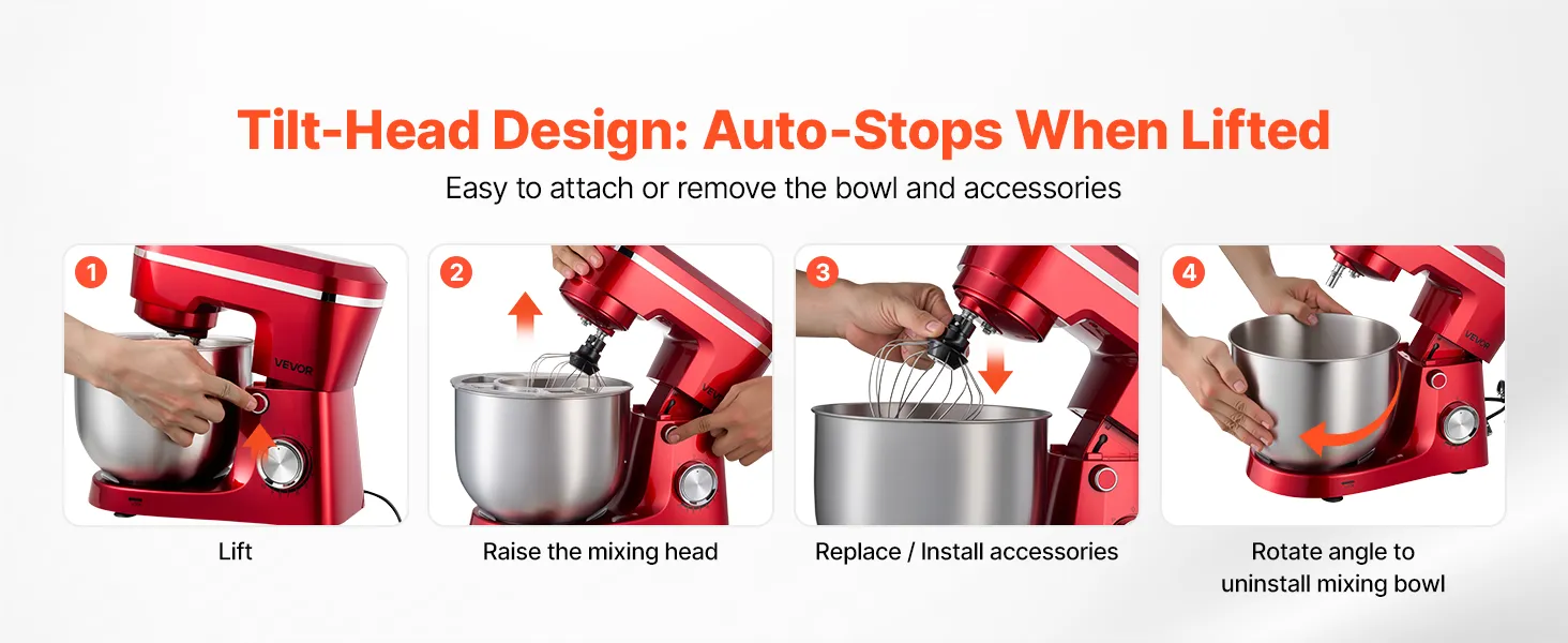 VEVOR Stand Mixer, 6 QT Electric Kitchen Mixer, 300W Dough-Mixer, 10 Speeds Tilt-head Food-Mixer with Stainless Steel Bowl, Dough Hook, Whisk, Beater, for Baking, Mixing, Whipping & Kneading, Red