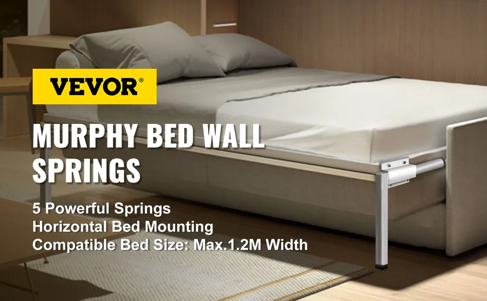 VEVOR murphy bed kit showing bed with wall springs and mounting details.