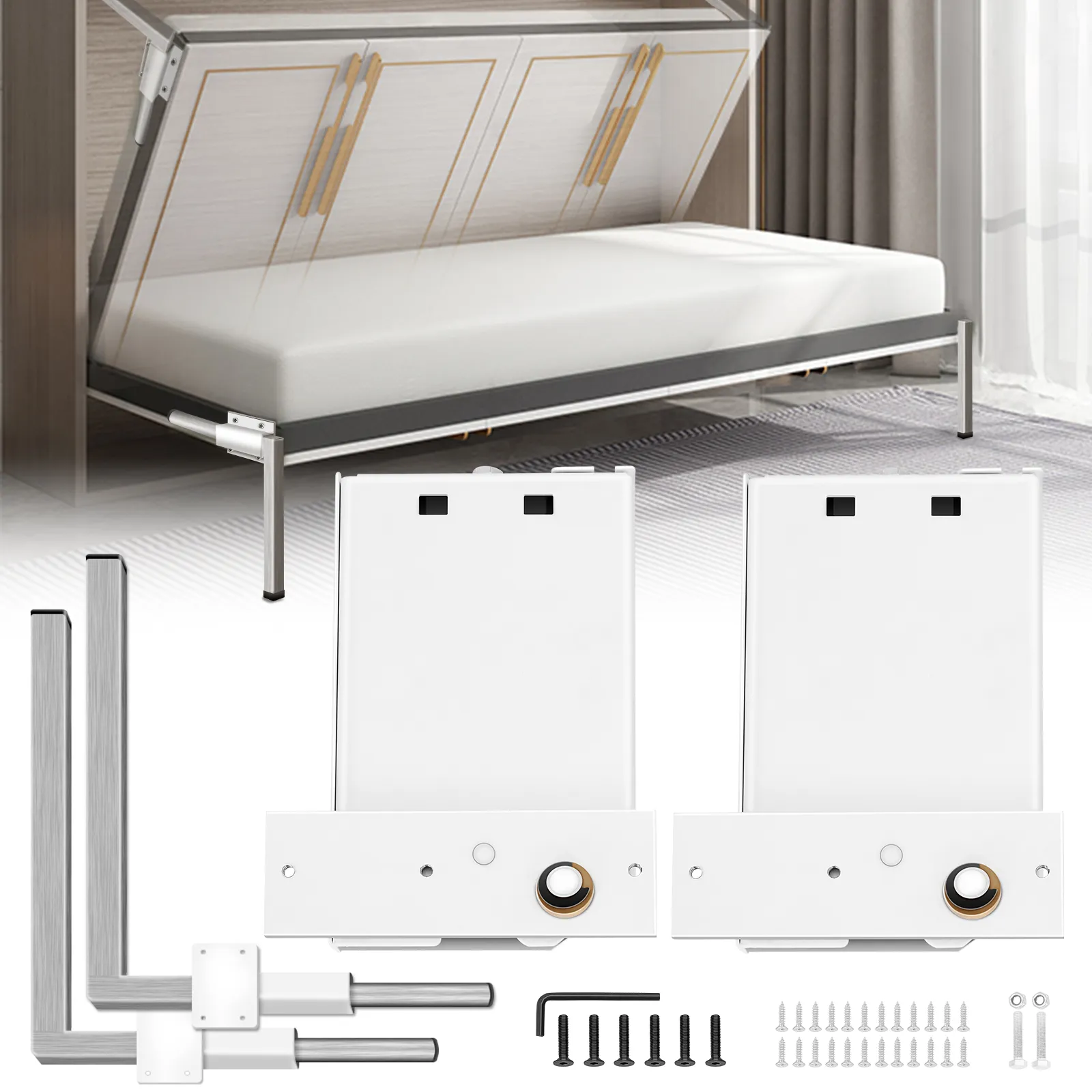 VEVOR murphy bed kit with components and assembly hardware displayed.
