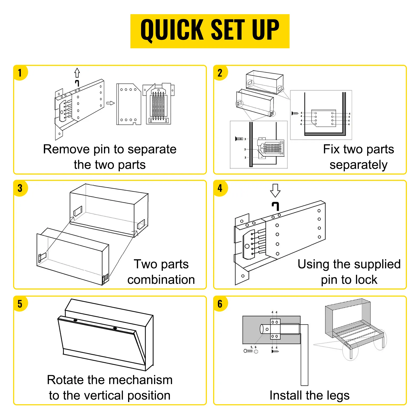quick setup guide for VEVOR murphy bed kit, assembly steps from pin removal to leg install.