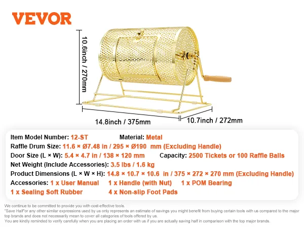 VEVOR raffle drum, metal, holds 2500 tickets or 100 balls, size 14.8×10.7×10.6 in, handle included.