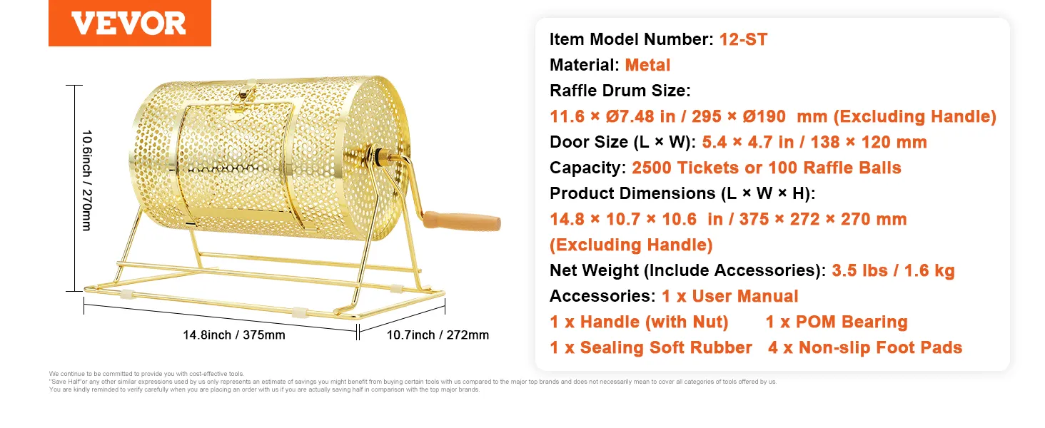 VEVOR raffle drum, metal, holds 2500 tickets or 100 balls, size 14.8×10.7×10.6 in, handle included.