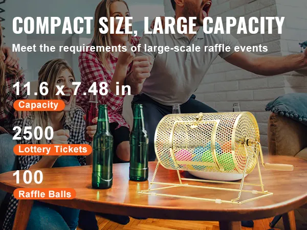 VEVOR raffle drum on a table with friends in the background, highlighting capacity and dimensions.