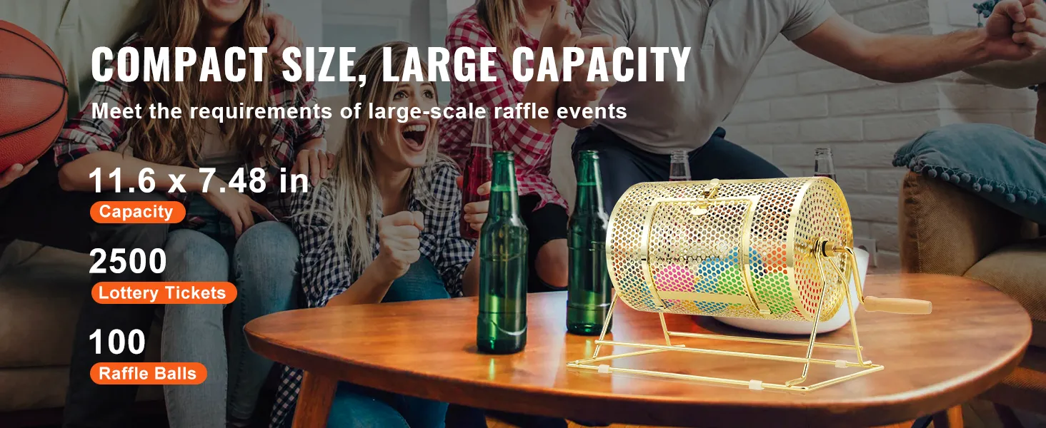 VEVOR raffle drum on a table with friends in the background, highlighting capacity and dimensions.
