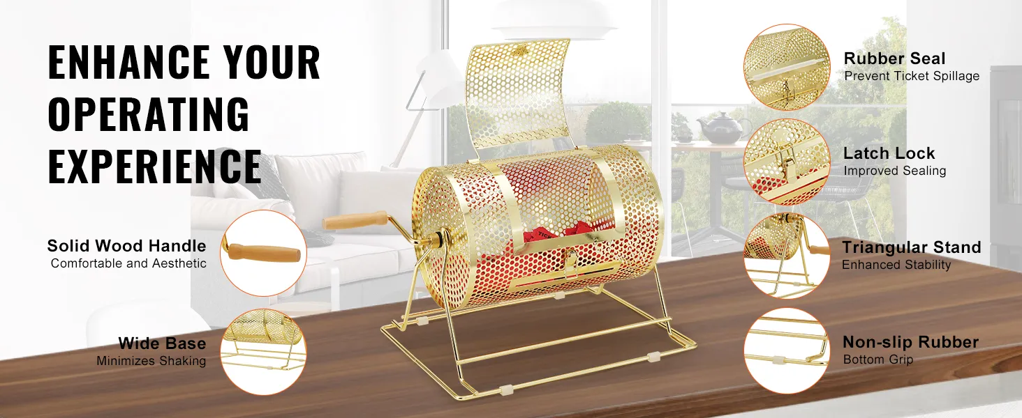 VEVOR raffle drum with solid wood handle, wide base, rubber seal, latch lock, and triangular stand.