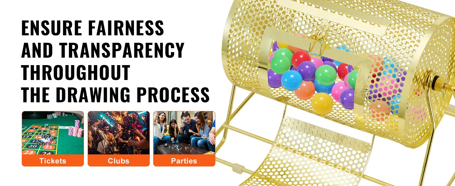 VEVOR raffle drum with colorful balls, ensuring fair and transparent drawing process for tickets, clubs, and parties.