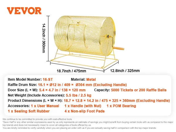 VEVOR raffle drum, metal, 16.1 x 12 in, 5000 tickets capacity, dimensions 18.7 x 12.8 x 14.2 inches.