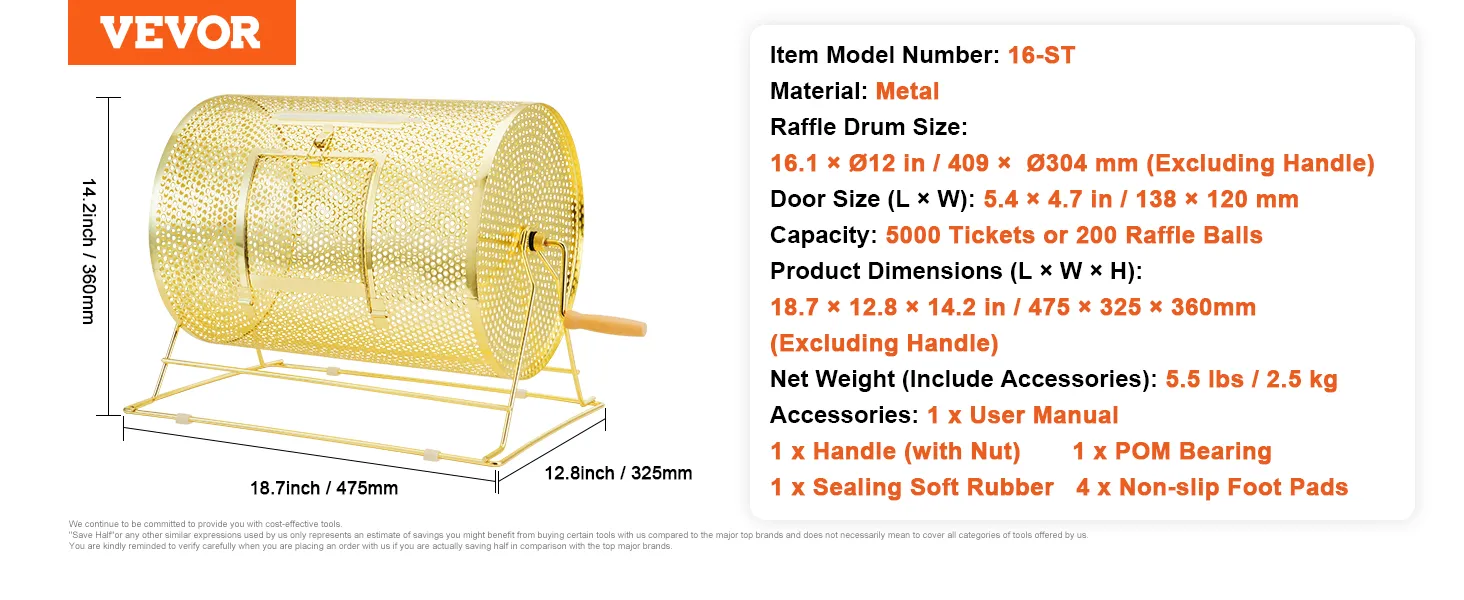 VEVOR raffle drum, metal, 16.1 x 12 in, 5000 tickets capacity, dimensions 18.7 x 12.8 x 14.2 inches.