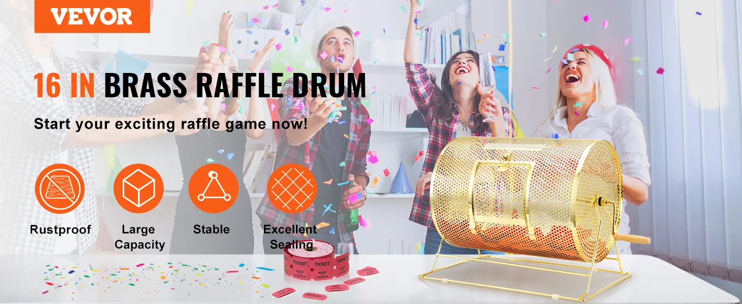 VEVOR raffle drum - 16 in brass, rustproof, large capacity, stable, excellent sealing for exciting raffles.