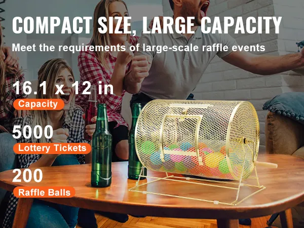 VEVOR raffle drum on a table with group cheering, displaying compact size and large capacity.