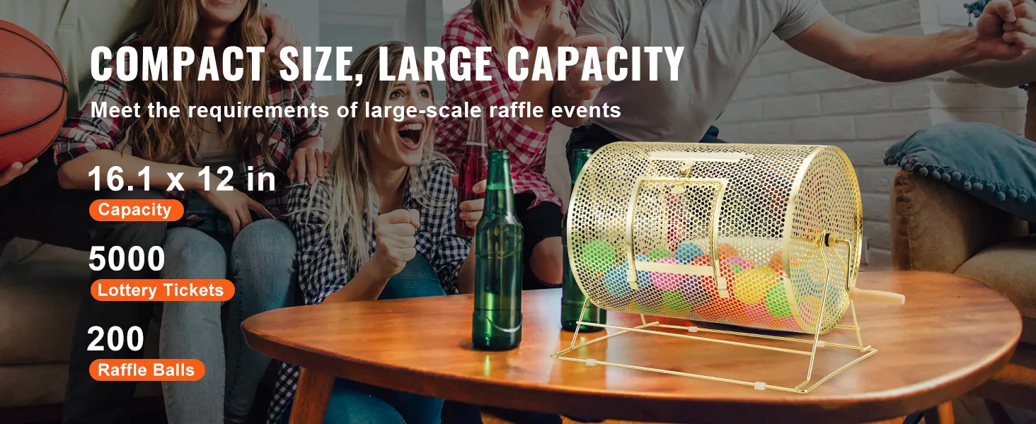 VEVOR raffle drum on a table with group cheering, displaying compact size and large capacity.