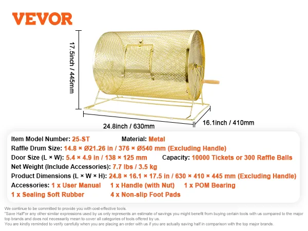VEVOR raffle drum, metal, 14.8"xø21.26", capacity 10,000 tickets, dimensions 24.8"x16.1"x17.5".