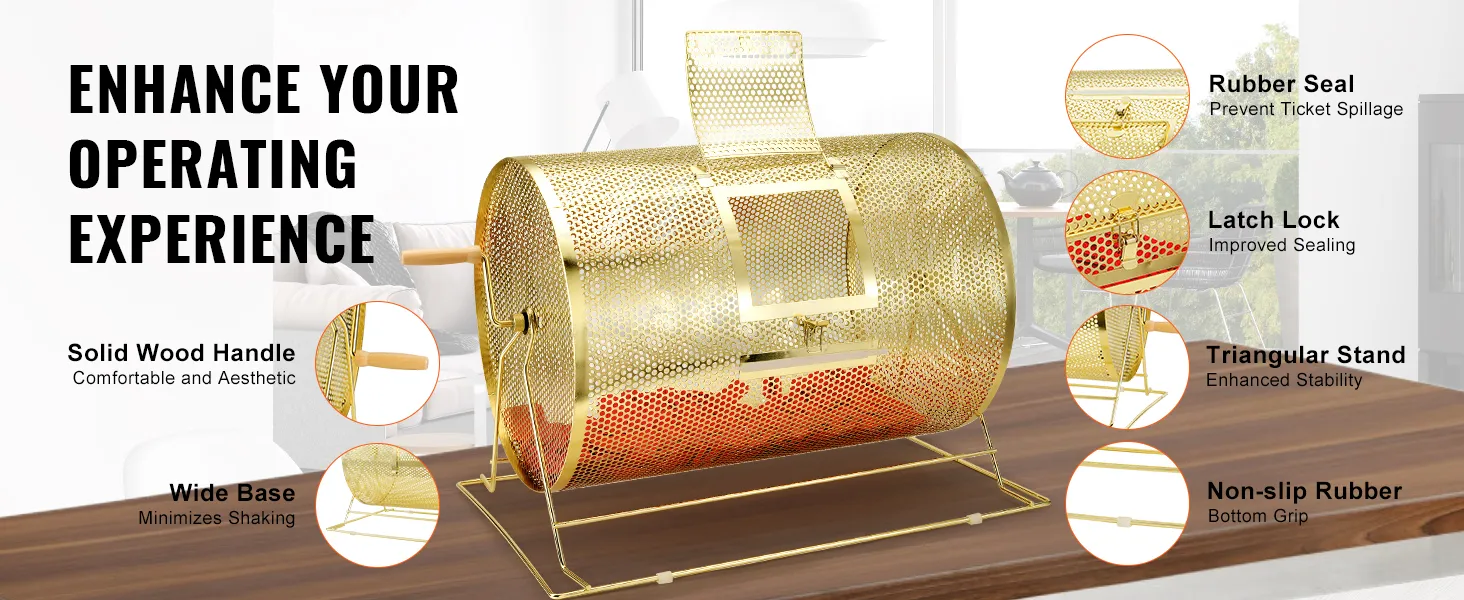 VEVOR raffle drum with solid wood handle, rubber seal, latch lock, wide base, and non-slip rubber.