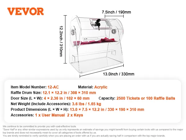 VEVOR acrylic raffle drum with 2500 ticket capacity, model 12-ac, dimensions 13 x 7.5 x 12.2 inches.