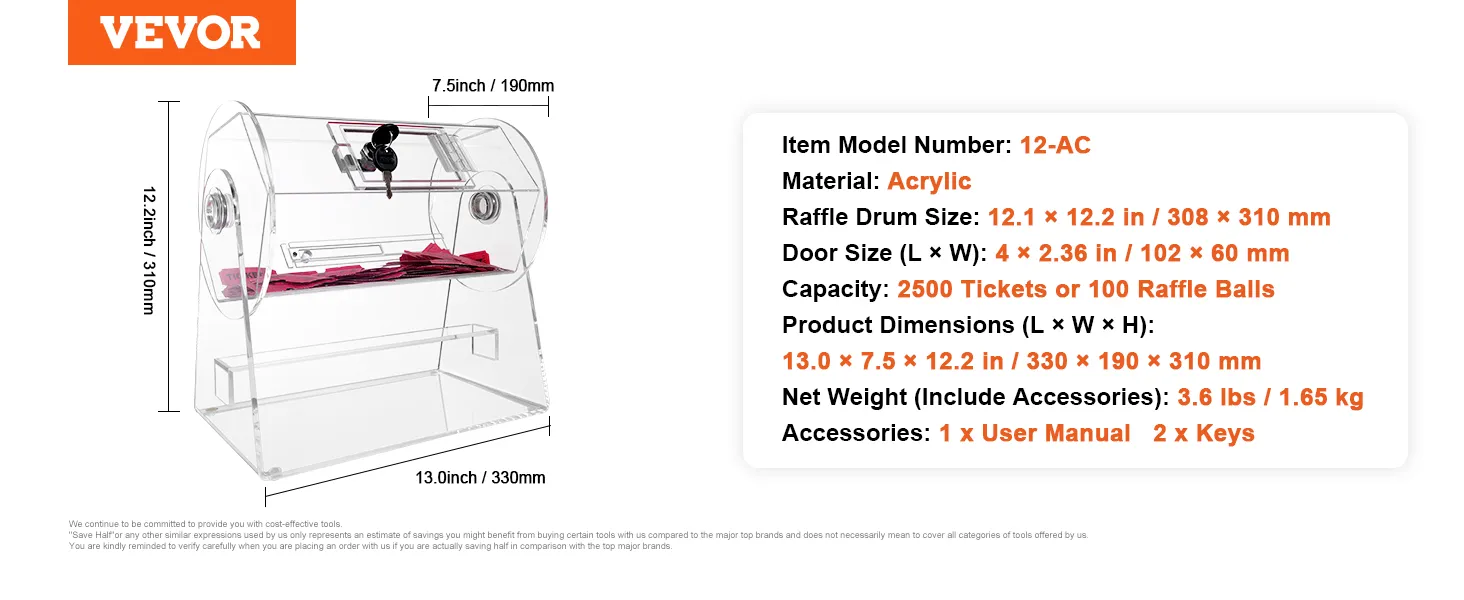 VEVOR acrylic raffle drum with 2500 ticket capacity, model 12-ac, dimensions 13 x 7.5 x 12.2 inches.