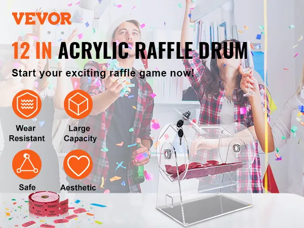 VEVOR acrylic raffle drum with large capacity and wear resistance, perfect for exciting raffle games.