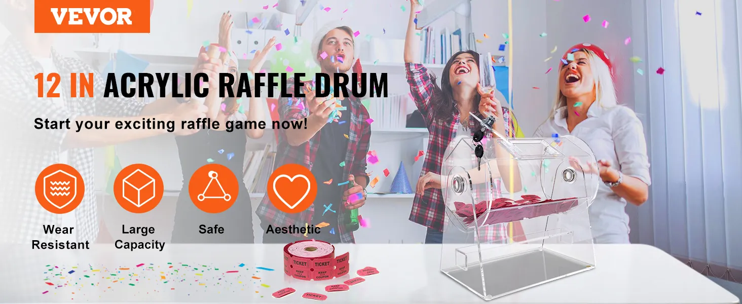 VEVOR acrylic raffle drum with large capacity and wear resistance, perfect for exciting raffle games.