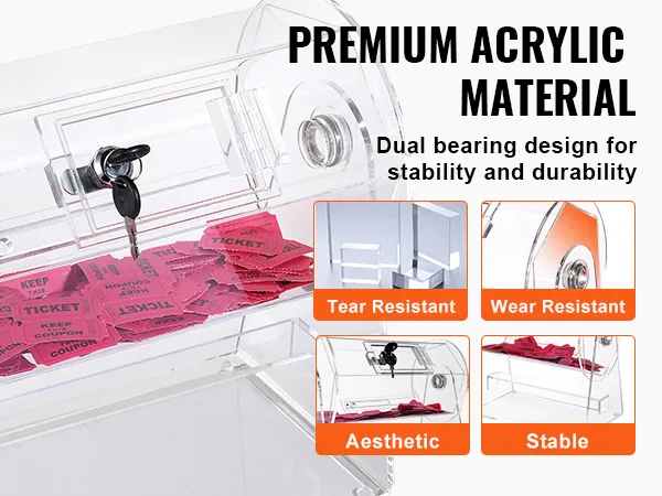 VEVOR acrylic raffle drum with tickets inside, featuring dual bearing design for stability and durability.