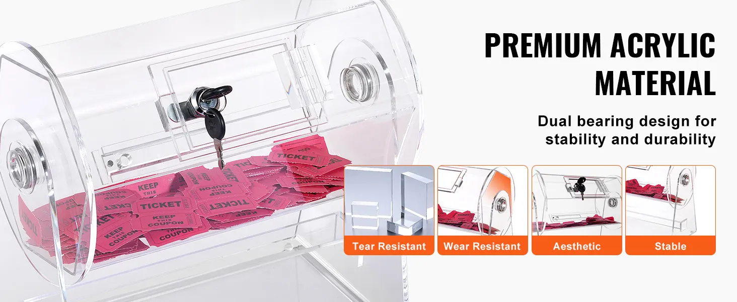 VEVOR acrylic raffle drum with tickets inside, featuring dual bearing design for stability and durability.