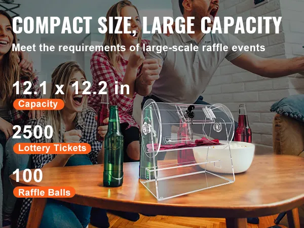 VEVOR acrylic raffle drum - compact, fits 2500 tickets or 100 raffle balls, perfect for large events.