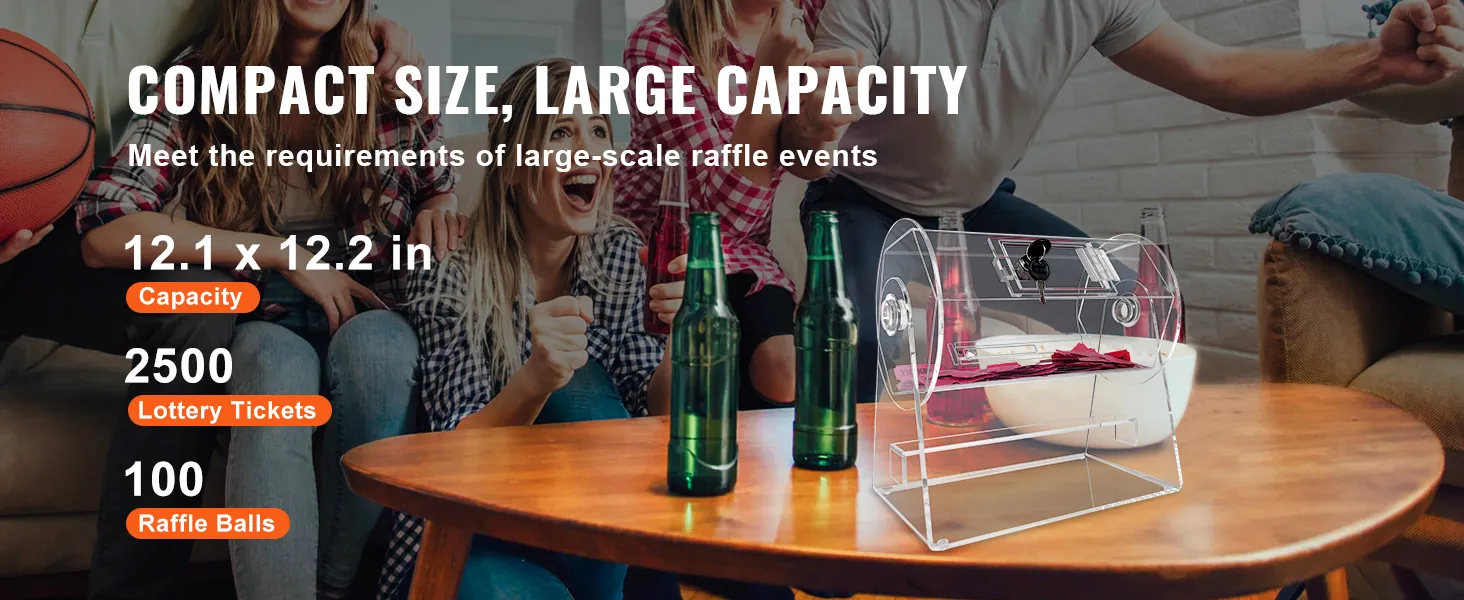 VEVOR acrylic raffle drum - compact, fits 2500 tickets or 100 raffle balls, perfect for large events.