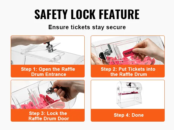 VEVOR acrylic raffle drum setup steps: open, insert tickets, lock door, done. safety lock ensures security.