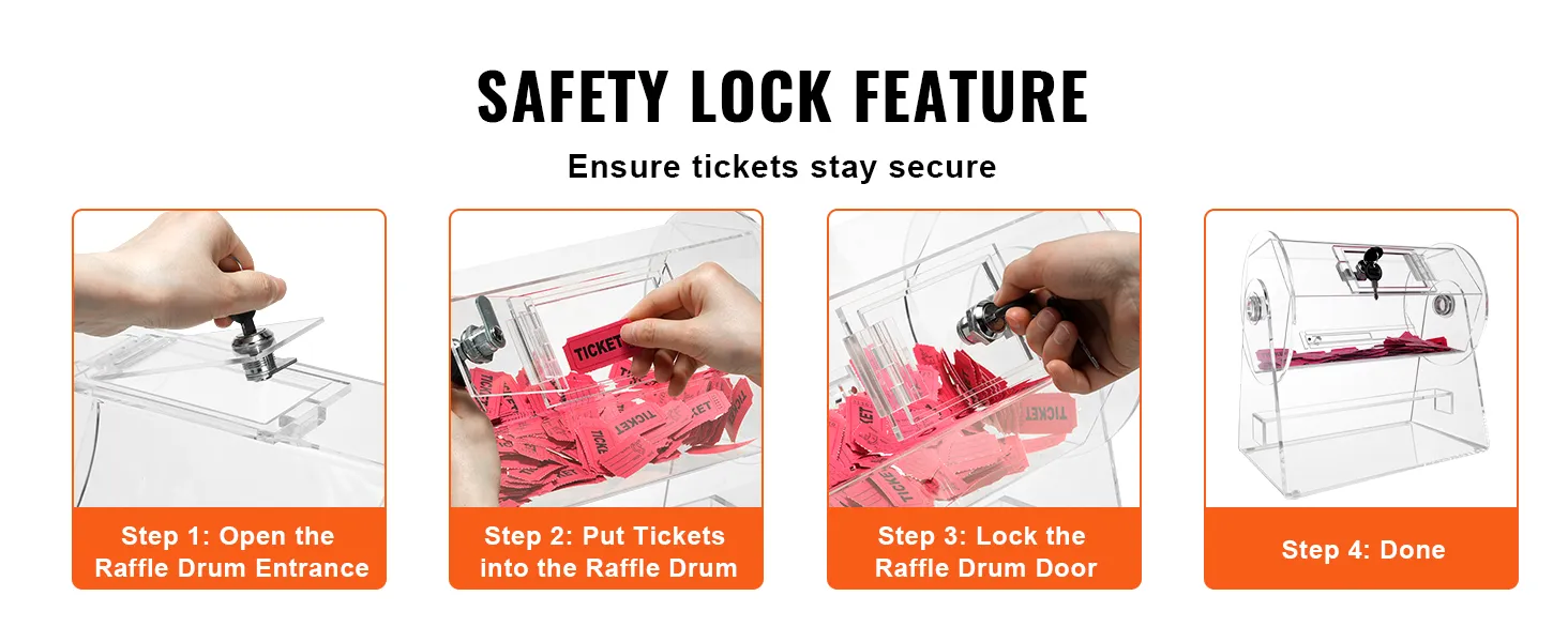 VEVOR acrylic raffle drum setup steps: open, insert tickets, lock door, done. safety lock ensures security.