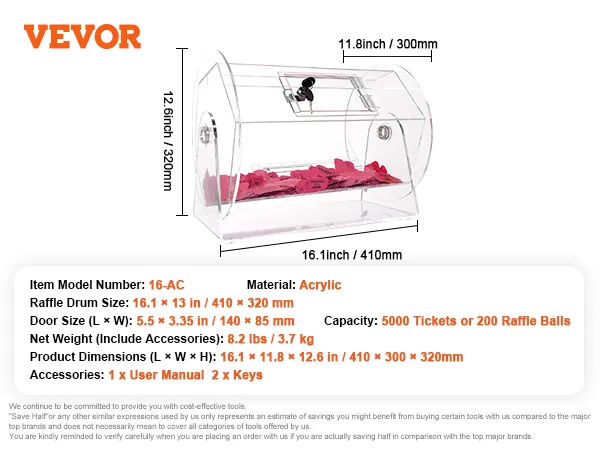 VEVOR acrylic raffle drum, 16.1 × 11.8 × 12.6 inches, capacity 5000 tickets, includes keys and manual.