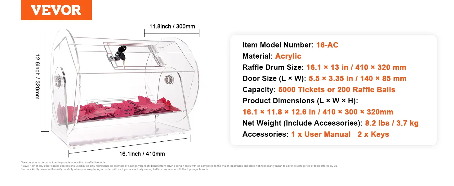 VEVOR acrylic raffle drum, 16.1 × 11.8 × 12.6 inches, capacity 5000 tickets, includes keys and manual.
