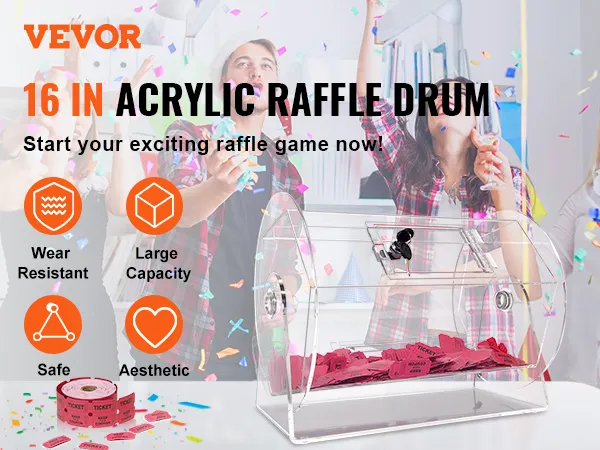 VEVOR acrylic raffle drum with confetti, tickets, and cheering people in a festive setting.