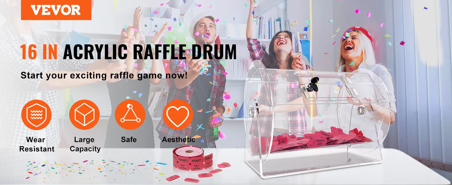 VEVOR acrylic raffle drum with confetti, tickets, and cheering people in a festive setting.