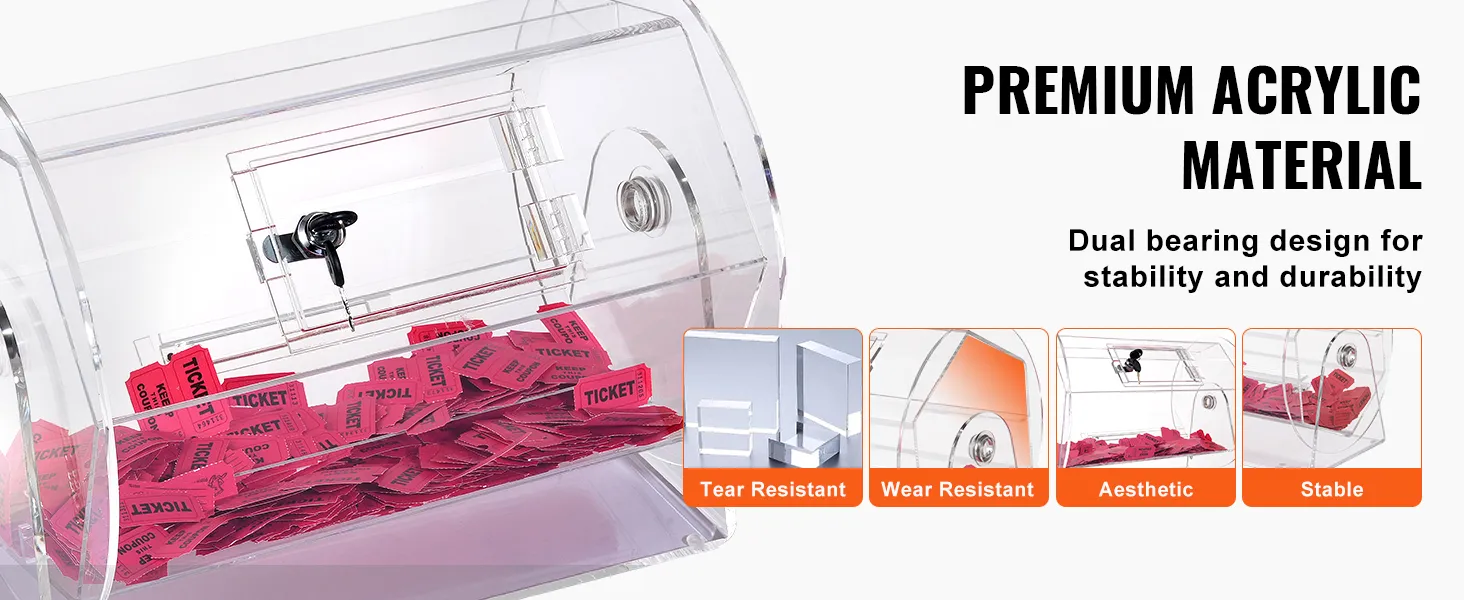 VEVOR acrylic raffle drum with tickets, features premium acrylic material and dual bearing design.
