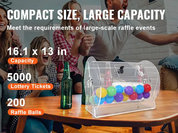 VEVOR acrylic raffle drum on table, surrounded by people, showcasing large capacity for lottery events.