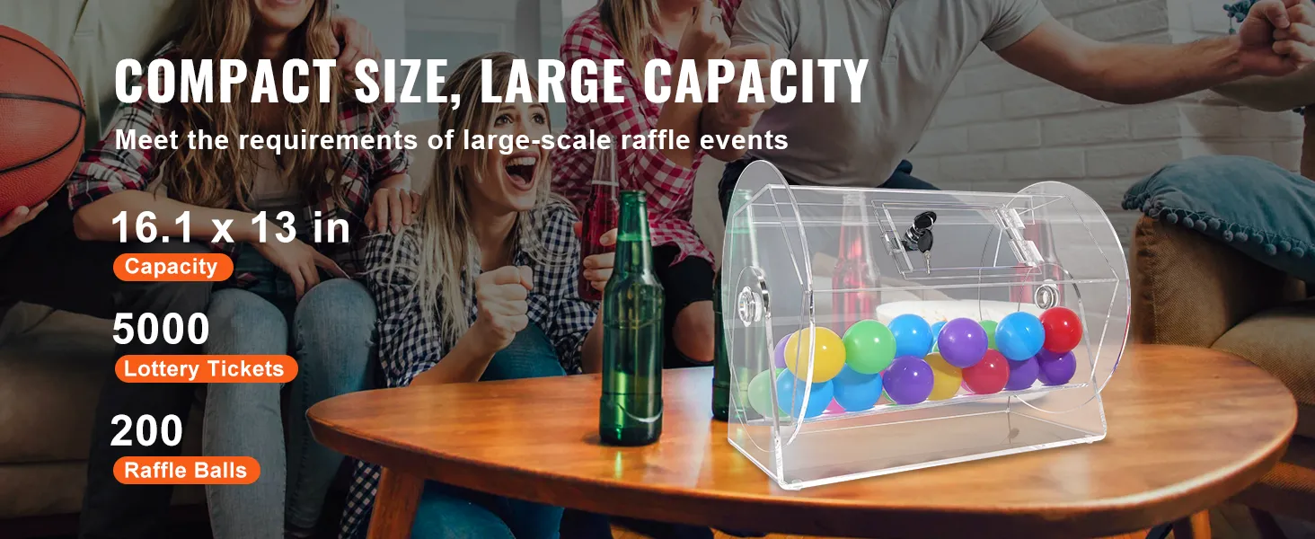 VEVOR acrylic raffle drum on table, surrounded by people, showcasing large capacity for lottery events.
