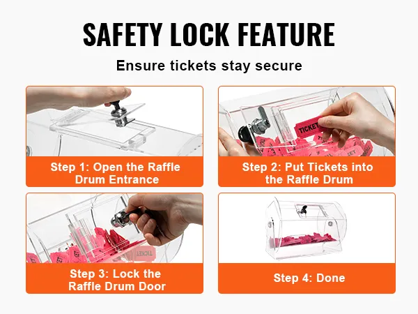 safety lock feature of VEVOR acrylic raffle drum with steps to secure tickets.