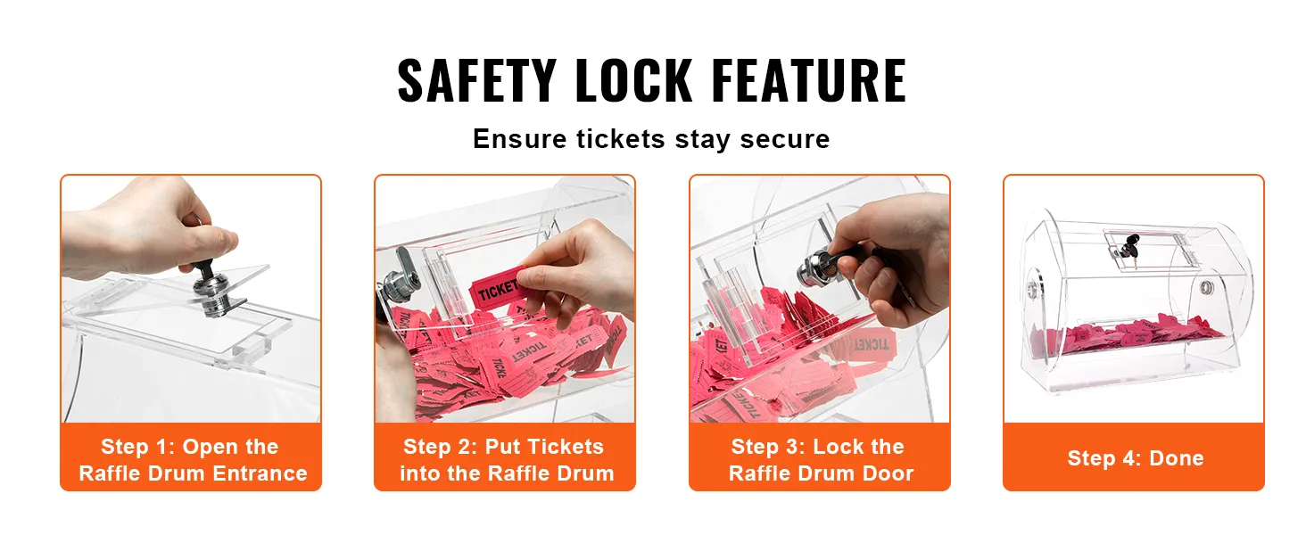 safety lock feature of VEVOR acrylic raffle drum with steps to secure tickets.