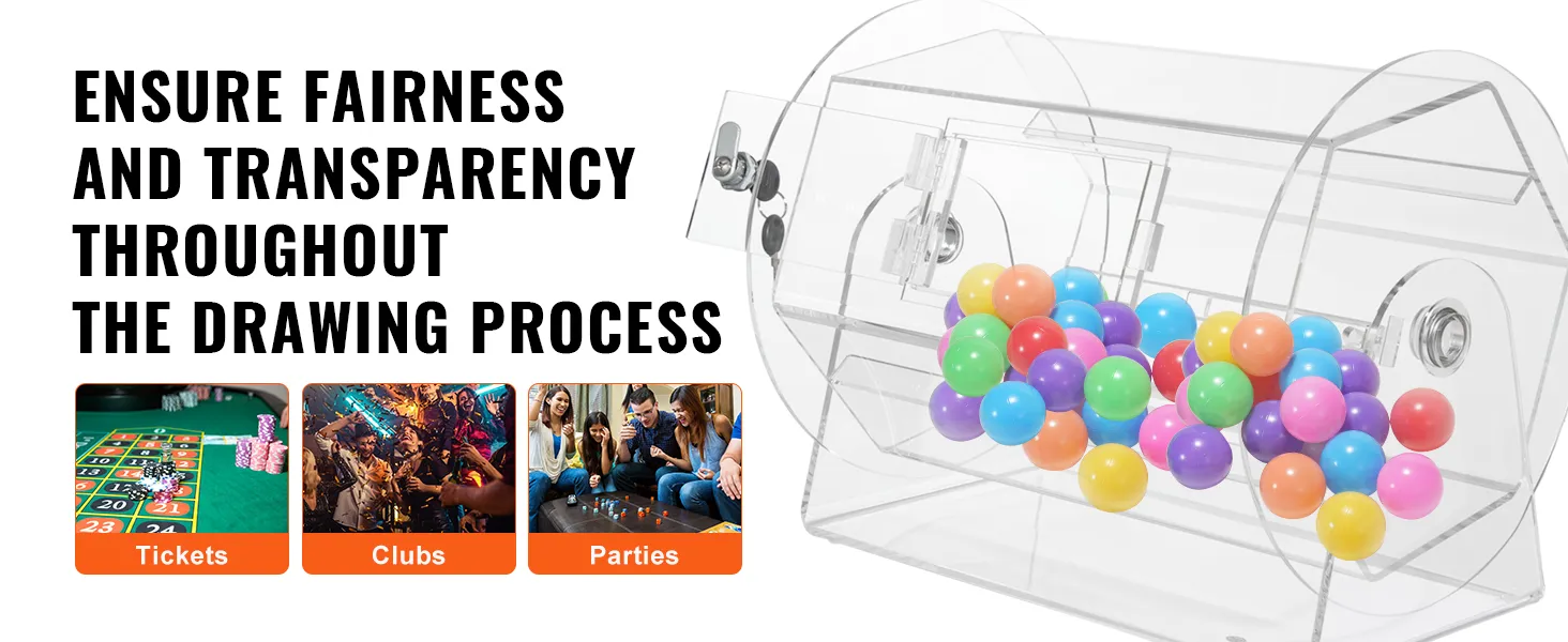 VEVOR acrylic raffle drum ensures fairness and transparency in drawings for tickets, clubs, and parties.