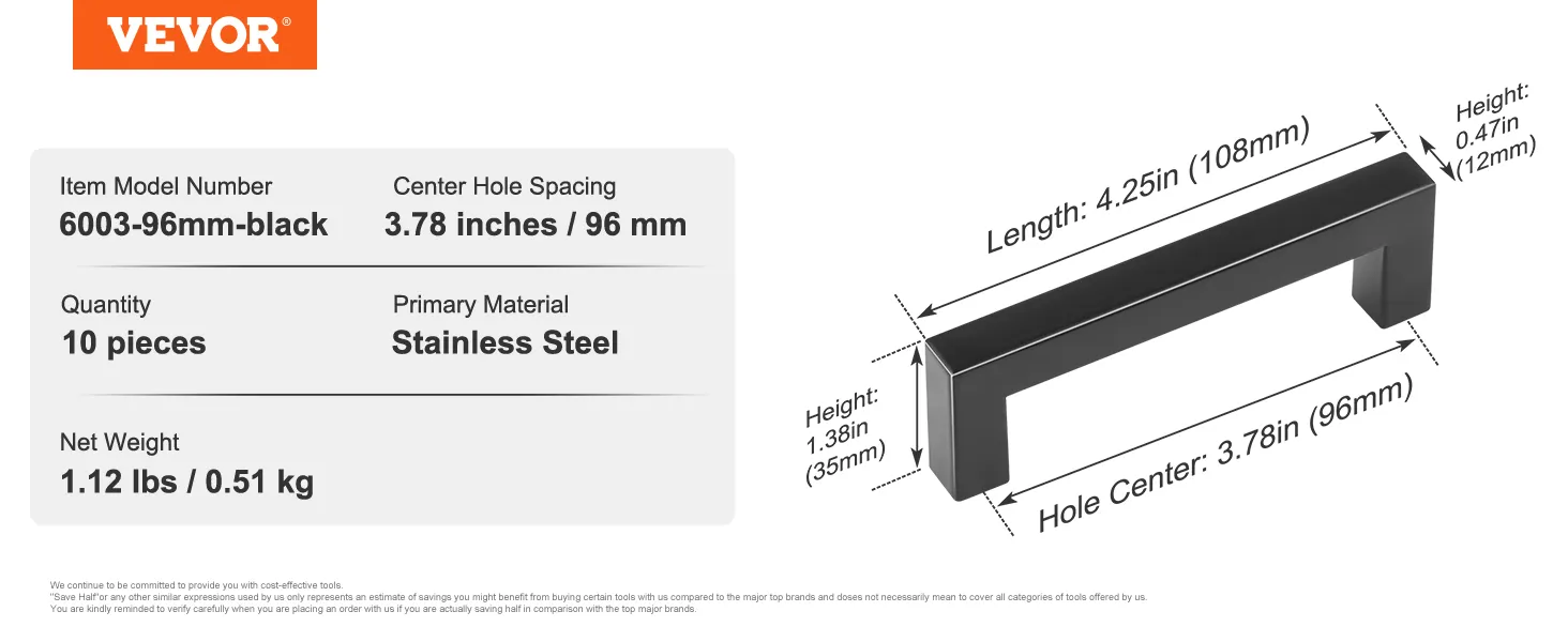 VEVOR cabinet pulls model 6003-96mm-black, stainless steel, 3.78-in center hole, 10 pieces, 1.12 lbs.