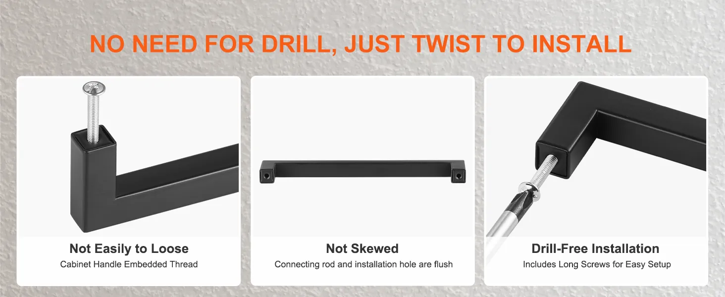 no need for drilling, just twist to install VEVOR cabinet pulls with embedded thread and long screws.