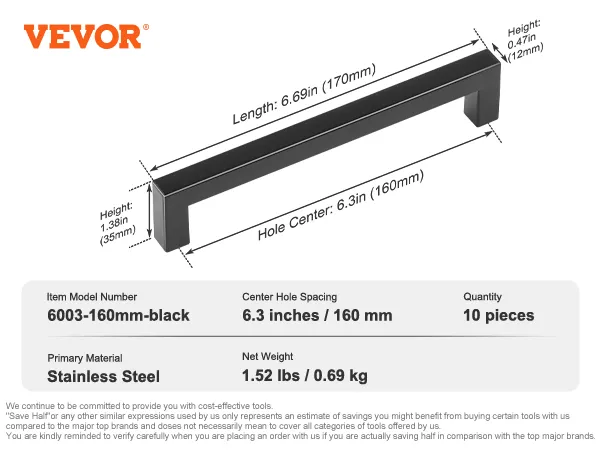 VEVOR cabinet pulls, stainless steel, 160mm, 10 pieces, 6.3in center hole spacing, 1.52lbs weight.