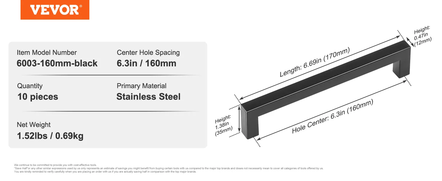 VEVOR cabinet pulls, stainless steel, 160mm, 10 pieces, 6.3in center hole spacing, 1.52lbs weight.
